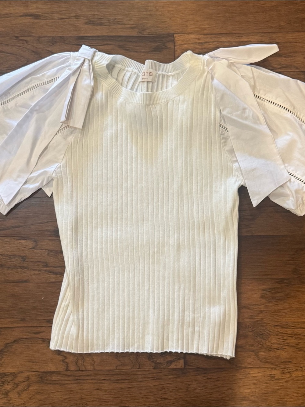 Fate White Ribbed Knit Top with Tie Sleeves